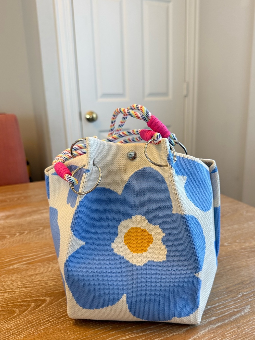 Blue Floral Canvas Tote Bag with Colorful Rope Handles
